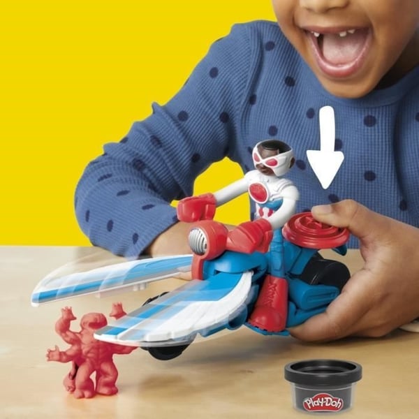 Play-Doh Captain America, Sharp motorcykelsæt med fleksibel figur, 3 tilbehør og modellervoks, fra 4 år, Marvel