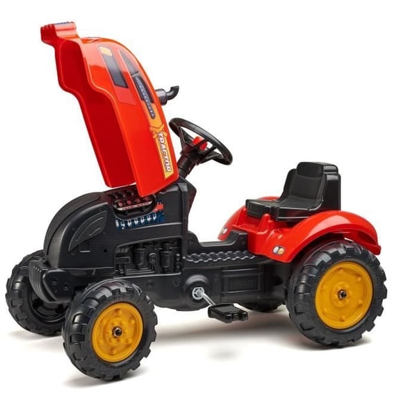 Traktor - FALK - X-Tractor - Fra 2 år - 100% Fremstillet i Frankrig - 50% genbrugsplast - Åbning af motorhjelm, skorsten og anhænger
