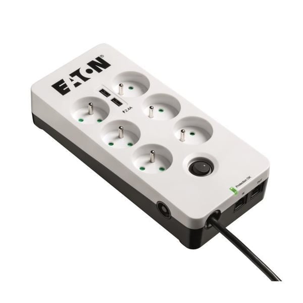 Stikdåse/Overspændingsbeskytter - EATON Protection Box 6 Tel USB FR - PB6TUF - 6 FR-stik + 1 tel/RJ-stik + 2 USB-porte - Hvid & Sort