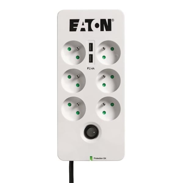 Stikdåse/Overspændingsbeskytter - EATON Protection Box 6 Tel USB FR - PB6TUF - 6 FR-stik + 1 tel/RJ-stik + 2 USB-porte - Hvid & Sort