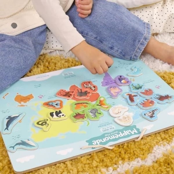 Magnetisk kontinentbræt - Pædagogisk spil - JADE - 30 dyrebrikker - FSC træ - 40x30 cm - Fra 3 år
