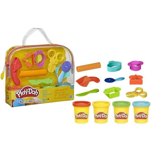 Play-Doh Ensimmäinen muovailuvahapakkaus, 9 tarviketta säilytysrasiassa ja 4 purkkia muovailuvahaa, luovaa ajanvietettä taaperoille, 3-vuotiaasta alka