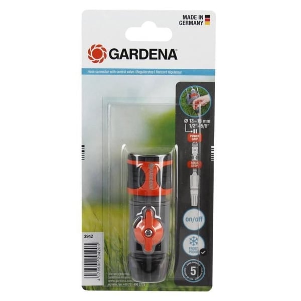 GARDENA regulatortilslutning – Kompatibel med Ø13 mm og Ø15 mm slanger – Justering af flow og tryk – Frostbestandig – 5 års garanti (2942-20)