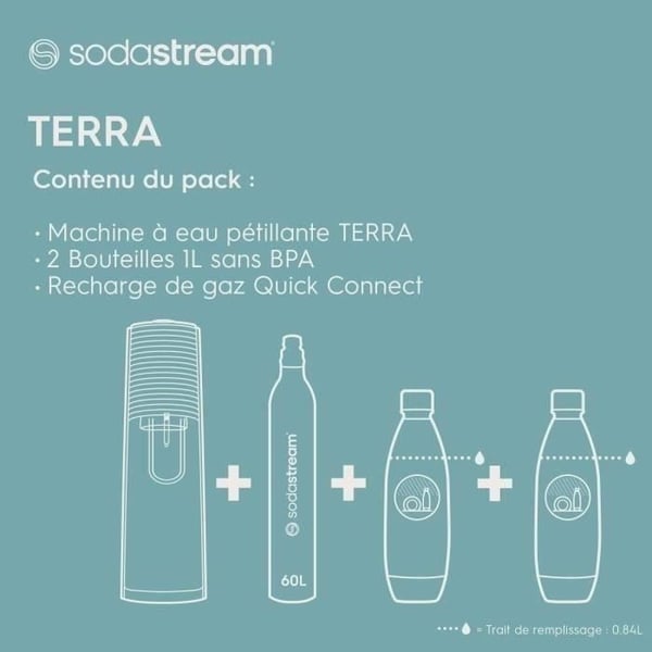 SODASTREAM sodavands- og danskvandsmaskine - TERRA Black - 2 opvaskemaskine-sikre flasker - 1 60L gaspåfyldning