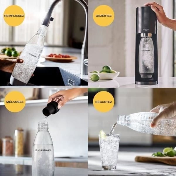 SODASTREAM sodavands- og danskvandsmaskine - TERRA Black - 2 opvaskemaskine-sikre flasker - 1 60L gaspåfyldning