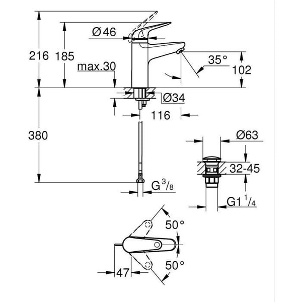 Etgrebsarmatur - GROHE - 24327001 - Swift håndvask - Med børnesikring - Størrelse M
