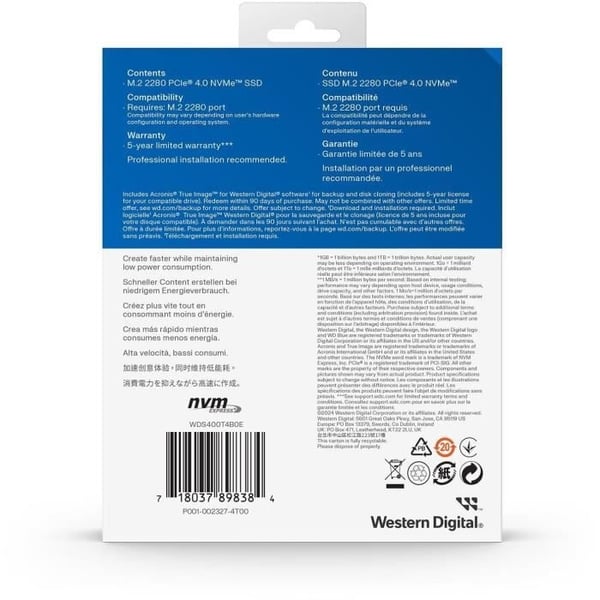 WESTERN DIGITAL - WDS400T4B0E - Intern SSD-harddisk - 4 TB - WD Blue - SN5000 - NVMe