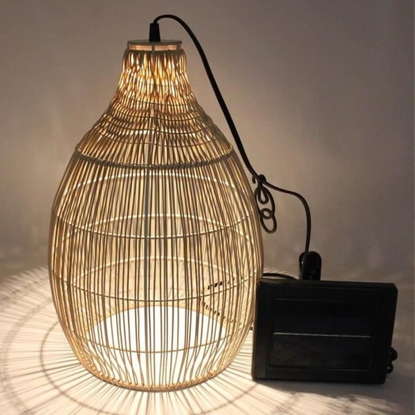 Solcelledrevet pendellampe - LUMISKY - HOLIDAY - H42 cm - Naturligt flettet kurvevæv i bohemestil - Varm hvid LED