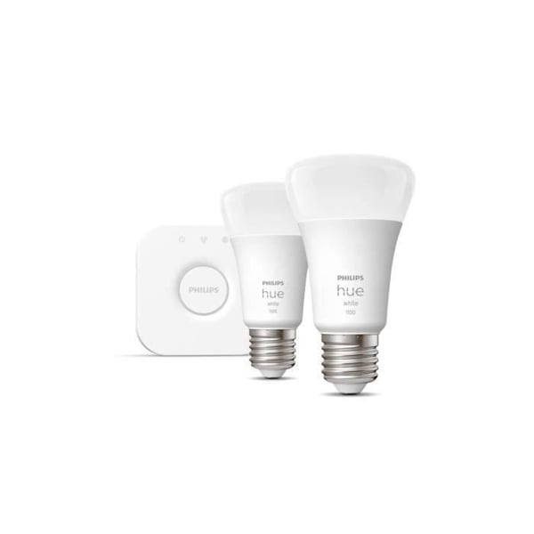 Philips Hue Smart Bulbs Starter Kit Smart Pære Hvid 9,5 Watt E27 x2 + Philips Hue Bridge