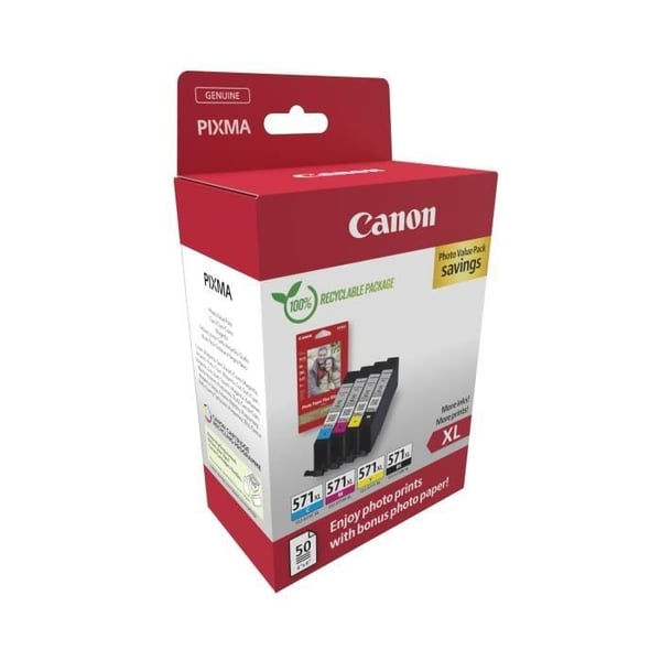 Blækpatroner + fotopapirpakke - CANON - CLI-571XL Sort/Cyan/Magenta/Gul - Høj kapacitet