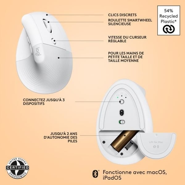 Mus - Trådløs - Logitech - Ergonomisk Vertikal Lift - Hvid - Højrehåndet - Til Mac