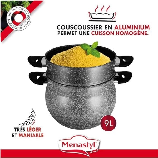 Couscoussier - MENASTYL - 6020033 - Marmorlook aluminium - 9 liter - Velegnet til alle varmekilder inklusive induktion