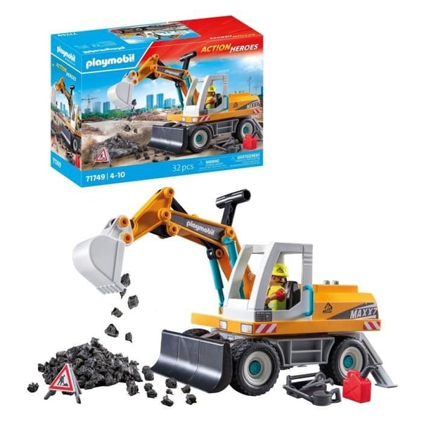 PLAYMOBIL 71749 Mekanisk Gravemaskine og Arbejder, Actionhelte, Byggeri, 31 dele, Fra 4 år