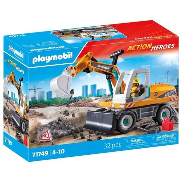 PLAYMOBIL 71749 Mekanisk Gravemaskine og Arbejder, Actionhelte, Byggeri, 31 dele, Fra 4 år