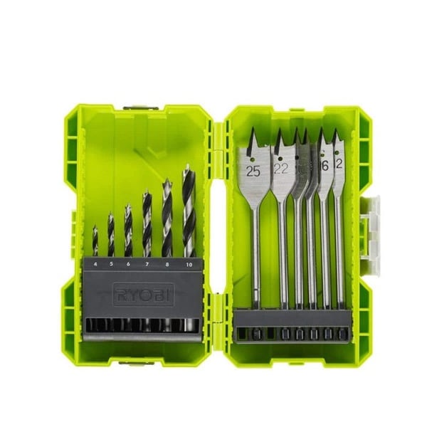 RYOBI - Stabelbart træboresæt med 12 tilbehør (6 bor + 6 flade bor) - RAK12SWD