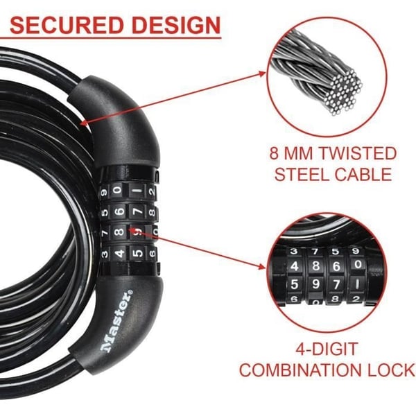 Cykellås - MASTER LOCK - 8221EURDPRO - 1,8 m tvinnad kabel - Programmerbar kombination