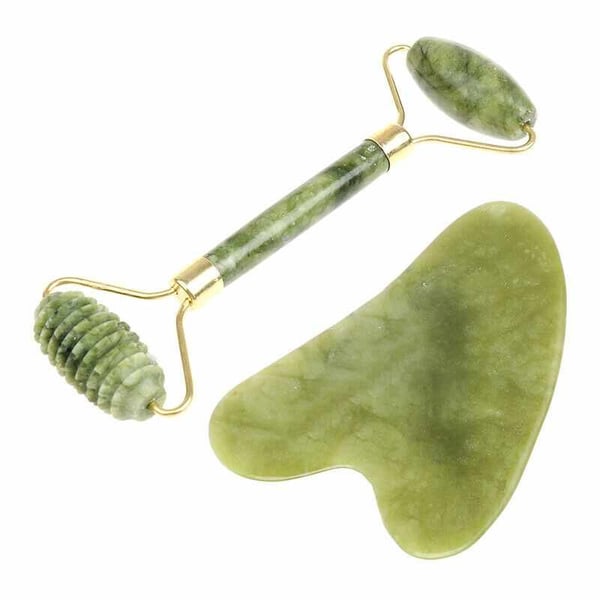 Gua Sha Scraper Large Advanced + Jade Roller Large Jagged - Vihreä