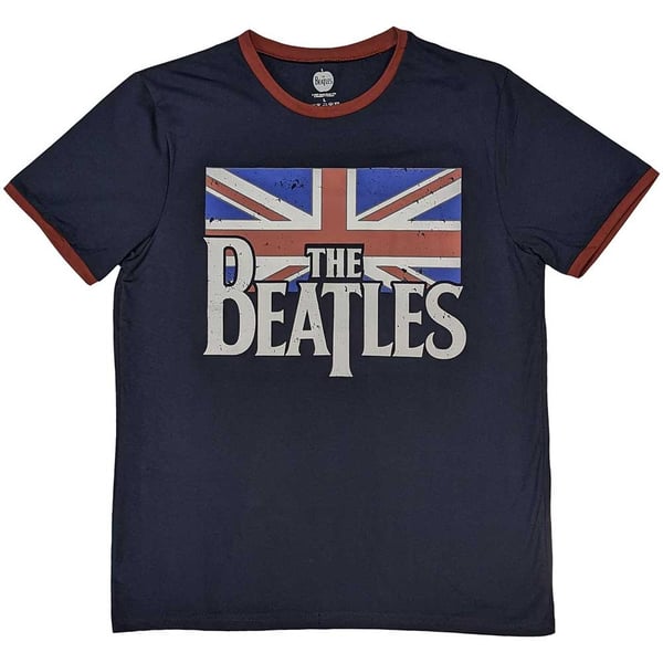 The Beatles Unisex Ringer T-Shirt: Drop T Logo & Vintage Flag (Small)