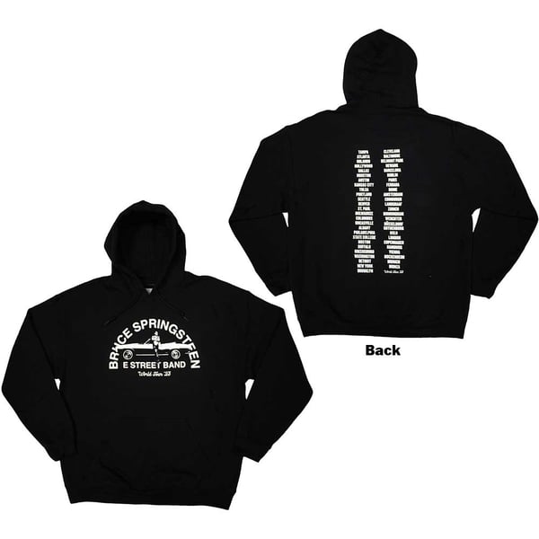 Bruce Springsteen Unisex Pullover Hoodie: Tour '23 Leaning Car (Back Print & Ex-Tour) (Large)