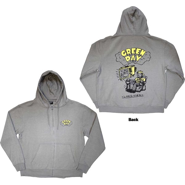 Green Day Unisex Zipped Hoodie: Longview Doodle (Back Print) (Medium)