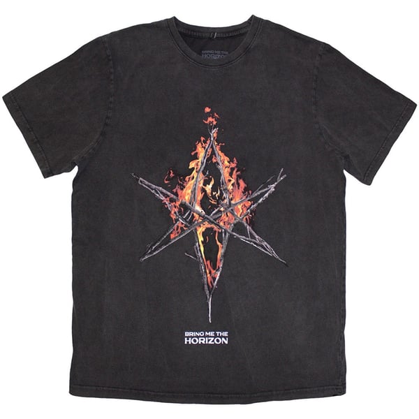 Bring Me The Horizon Unisex T-Shirt: Flame Hex & Text Logo (Wash Collection) (Small)