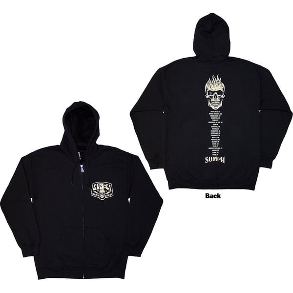 Sum 41 Unisex Zipped Hoodie: Tour '24 Pocket Logo & Skull Back (Black) (Back Print & Ex-Tour) (Small)