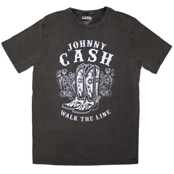 Johnny Cash Unisex Stone Wash T-Shirt: Walk The Line Boots (Charcoal Grey) (Medium)