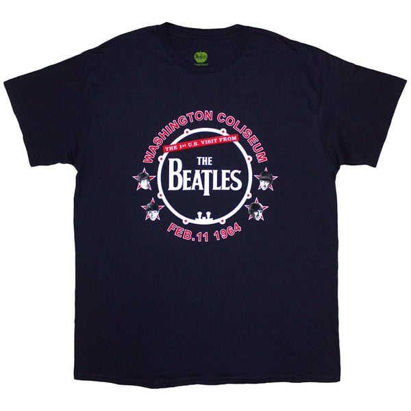 The Beatles Unisex T-Shirt: Washington '64 Drum (Navy Blue) (Small)