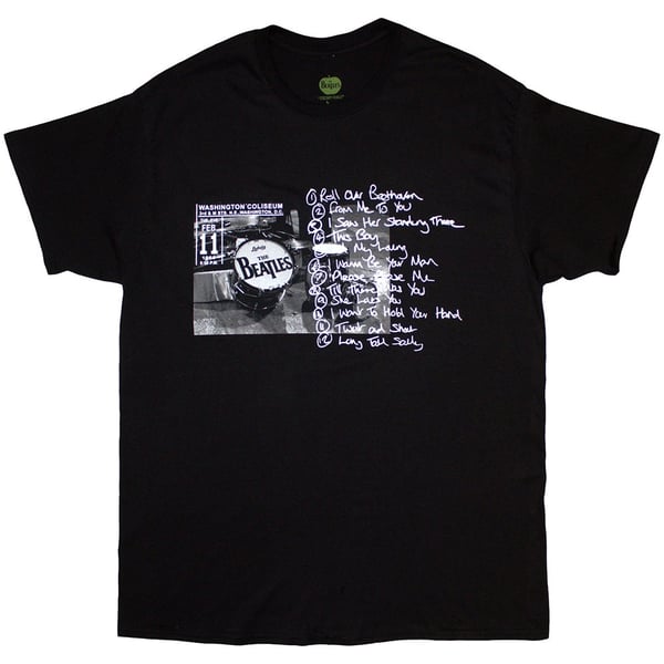 The Beatles Unisex T-Shirt: Washington '64 Drum Photo & Setlist (Black) (X-Large)