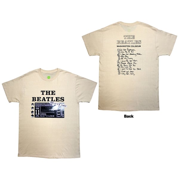 The Beatles Unisex T-Shirt: Washington '64 Promo & Setlist (Sand) (Back Print) (Medium)