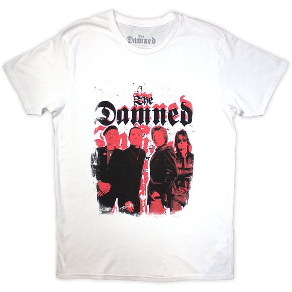 The Damned Unisex T-Shirt: Repeat Logo Photo (White) (X-Large)