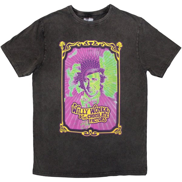 Willy Wonka Unisex Stone Wash T-Shirt: Psych Poster (Charcoal Grey) (Small)