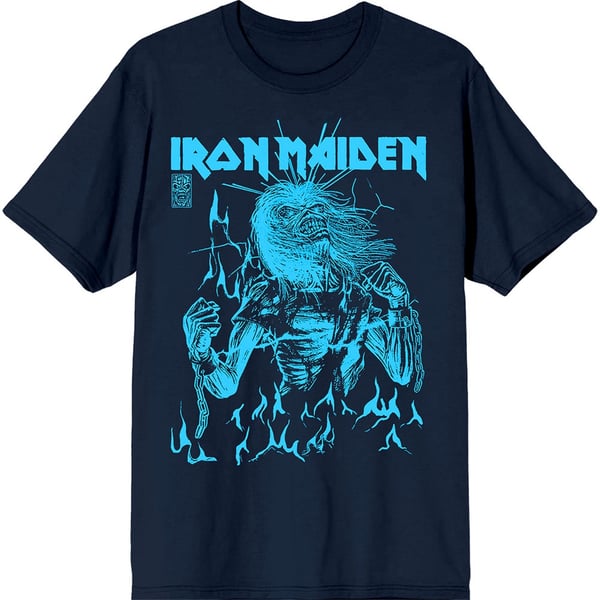 Iron Maiden Unisex T-Shirt: 50 Life After Death Flames Blue (Navy Blue) (Small)