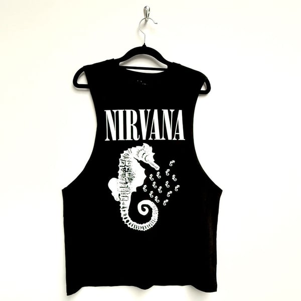 Nirvana Unisex Vest T-Shirt: Seahorse & Logo Mono (Black) (Medium)