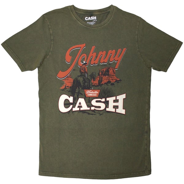 Johnny Cash Unisex Stone Wash T-Shirt: Desert Cowboy (Green) (Medium)