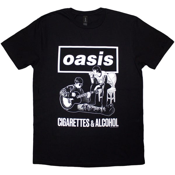Oasis Unisex T-Shirt: Cigarettes & Alcohol Illustration Mono (Black) (XX-Large)