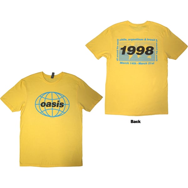 Oasis Unisex T-Shirt: 1998 World Tour - South America (Yellow) (Back Print) (Medium)