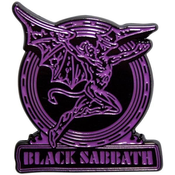 Black Sabbath Pin Badge: Purple Text Logo & Daemon Black Sabbath Pin Badge: Purple Text Logo & Daemon