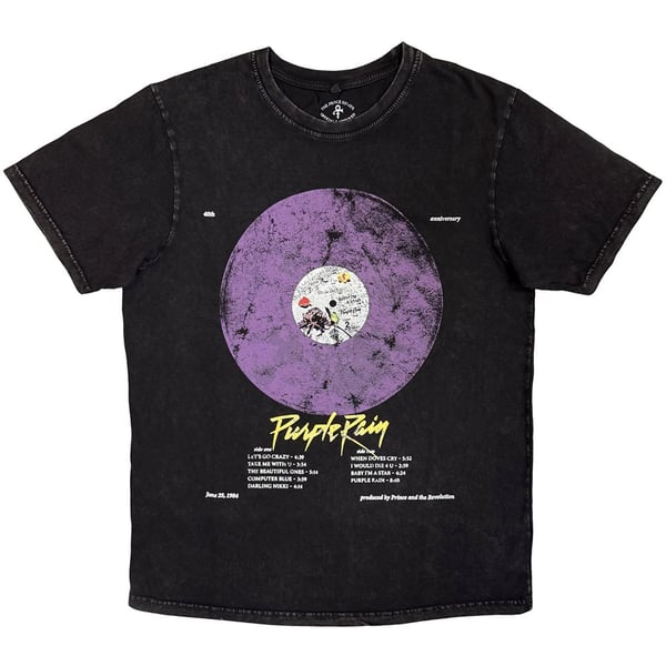 Prince Unisex Stone Wash T-Shirt: Purple Rain Disc (Black) (Medium)