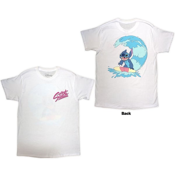 Disney Unisex T-Shirt: Stitch Surf (White) (Back Print) (Medium)