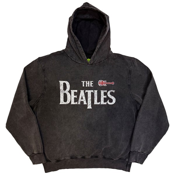 The Beatles Unisex Stone Wash Pullover Hoodie: Guitar & Drop T (Charcoal Grey) (Large)