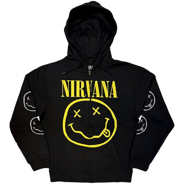 Nirvana Unisex Zipped Hoodie: Yellow Happy Face (Black) (Large)