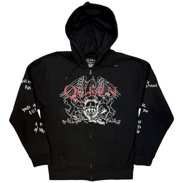 Queen Unisex Zipped Hoodie: Logo & Crest Outline (Charcoal Grey) (XX-Large)