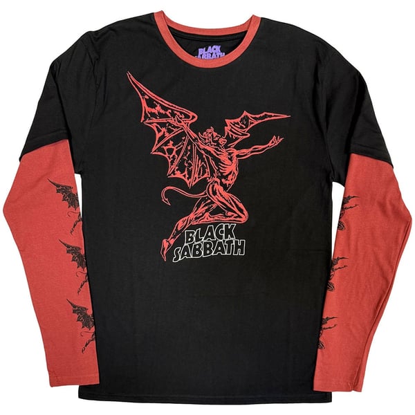 Black Sabbath Unisex Layered Long Sleeve T-Shirt: Red Henry Wavy Logo (Black & Red) (Sleeve Print) (Small)