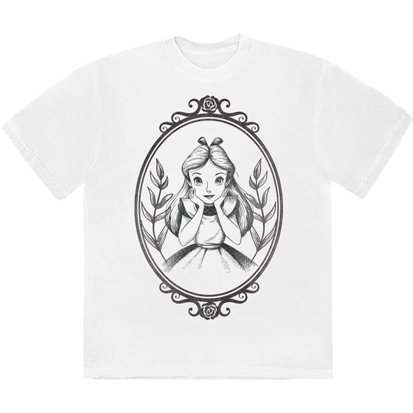 Disney Unisex T-Shirt: Alice In Wonderland - Alice Pose Border (White) (Large)