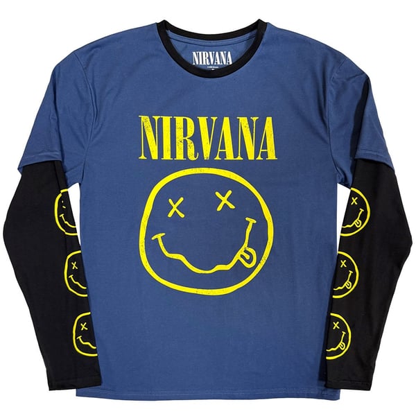 Nirvana Unisex Layered Long Sleeve T-Shirt: Yellow Happy Face (Denim Blue & Black) (Sleeve Print) (XX-Large)
