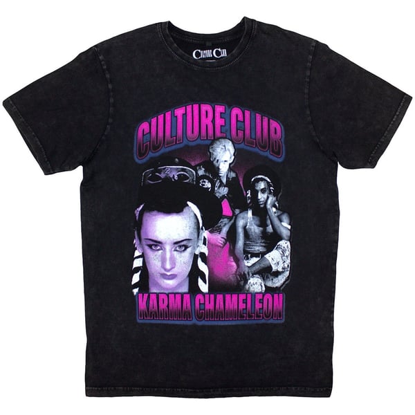 Boy George & Culture Club Unisex Stone Wash T-Shirt: Karma Chameleon (Black) (Small)