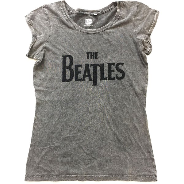 The Beatles Ladies Fashion Tee: Drop T Logo (Acid Wash/Caviar Beads) (Large)