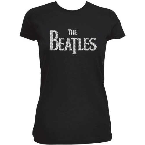 The Beatles Ladies Diamante T-Shirt: Drop T Logo (Large)