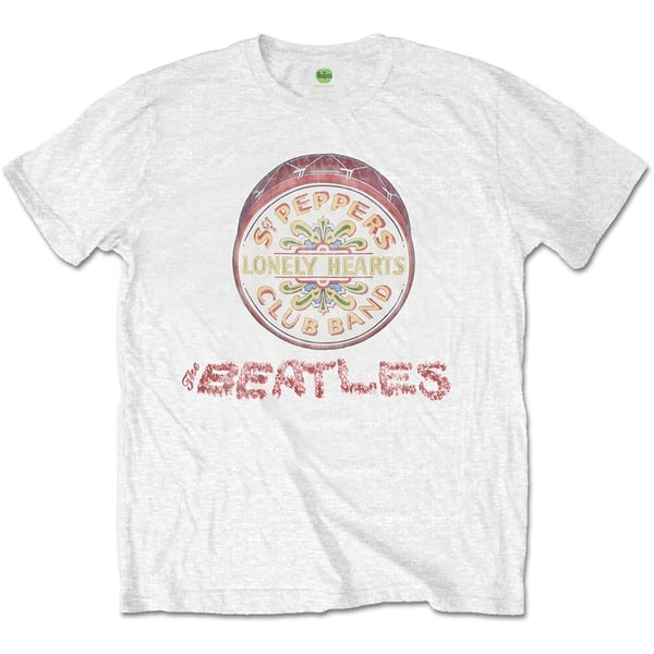 The Beatles Unisex T-Shirt: Flowers Logo & Drum (Large)